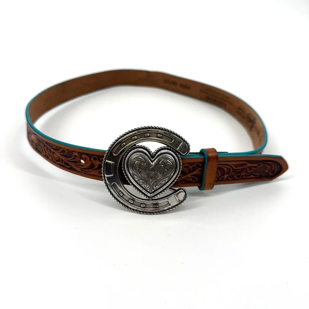 Justin Womens 30 Leather Belt Western Tooled Horseshoe Heart Buckle Teal Cowgirl